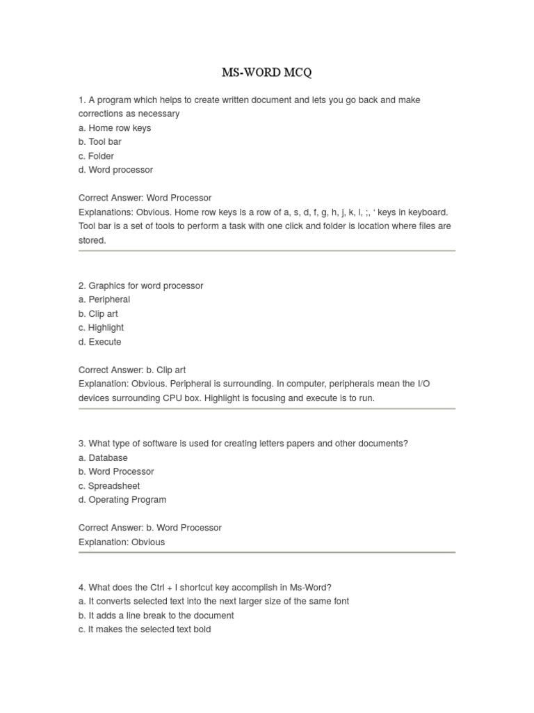 Mcq Word Processor Microsoft Word