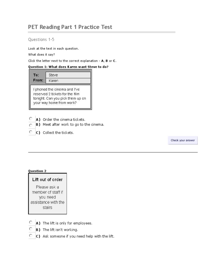 PET Reading Part 1 Practice Test | PDF | Car | Driving