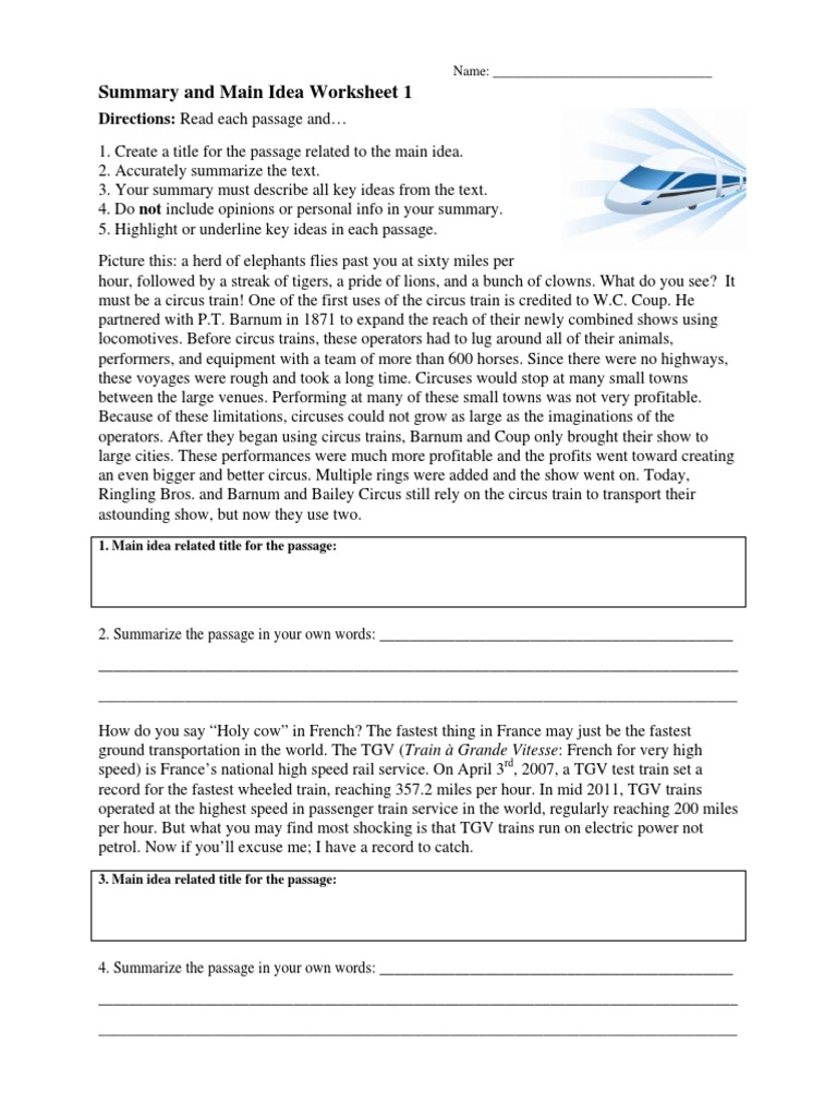 worksheet Summary And Main Idea Worksheet 2 worksheet main idea 4 thedanks for everyone summary and 1 tram circus