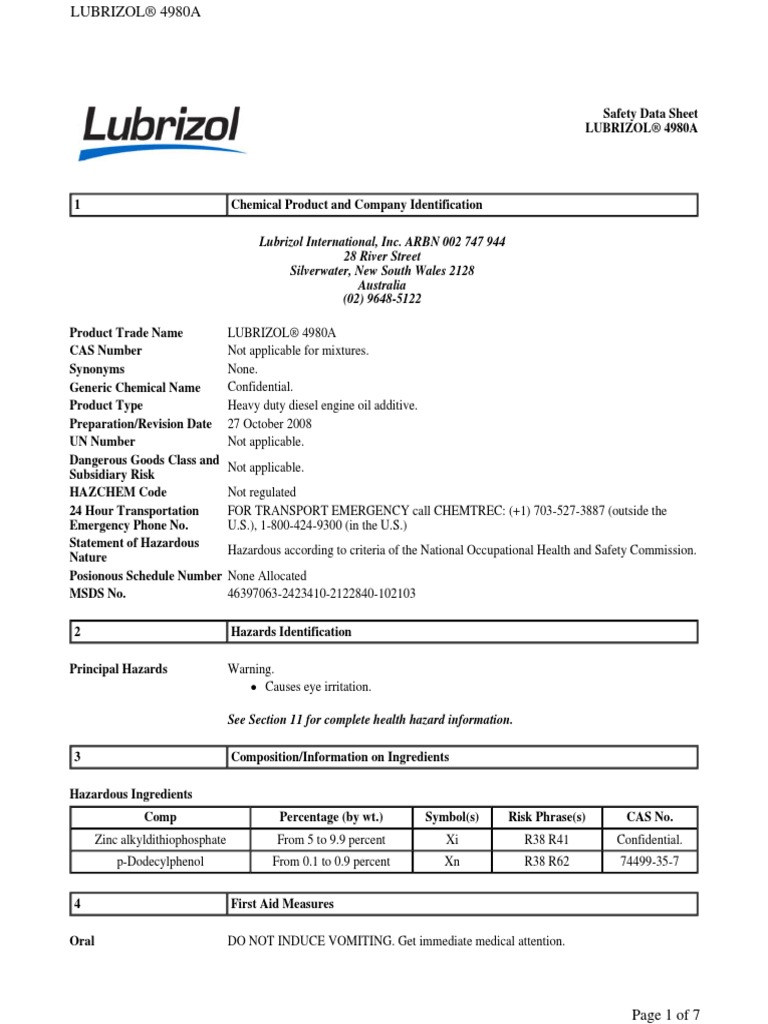 Lubrizol(r) 4980a Msds Toxicity Firefighting