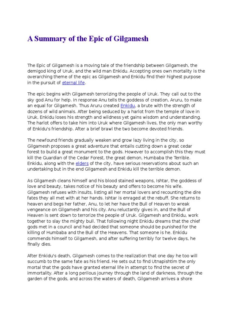 A Summary of the Epic of Gilgamesh Epic Of Gilgamesh Mesopotamian