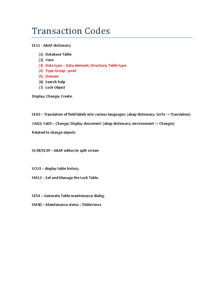 SAP Transaction Codes Overview | PDF | Science & Mathematics | Computers
