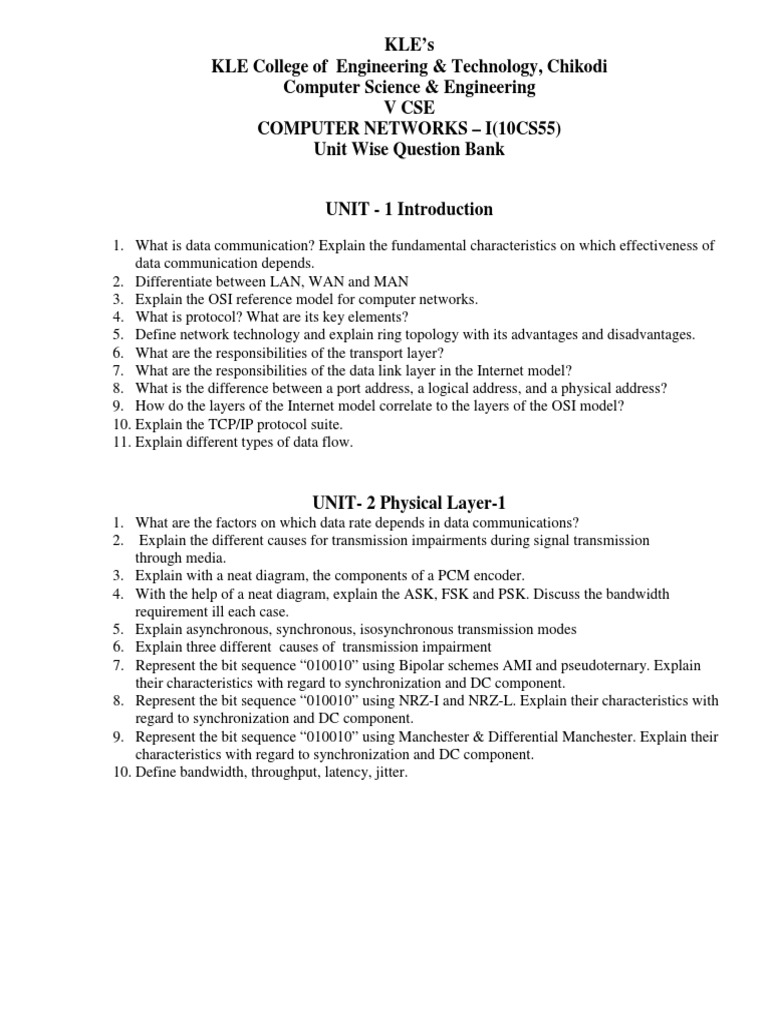 Computer Networks Question Bank V CSE | PDF | Data Transmission ...