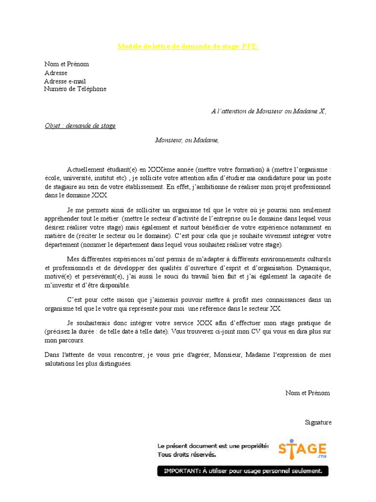 Modèle Lettre de Demande de Stage (PFE)  PDF