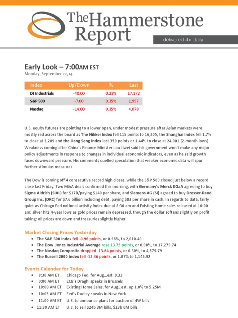 HammerstoneReport - Early Look - 9!22!14 | PDF | S&P 500 Index | Euro