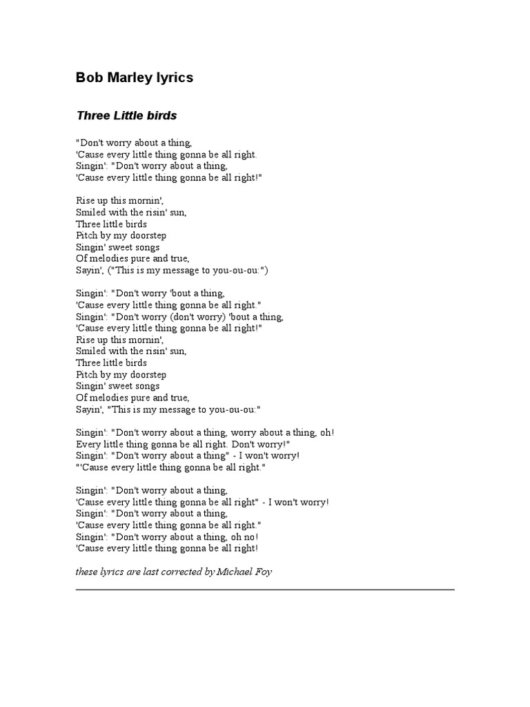 Bob Marley Songs Don T Worry Bout A Thing Lyrics
