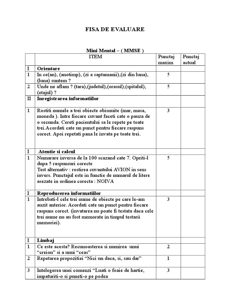 Fisa de Evaluare - Mmse | PDF