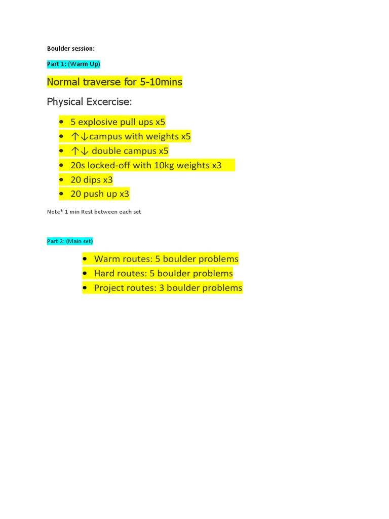 Boulder Session: Part 1: (Warm Up) : Note 1 Min Rest Between Each Set | PDF