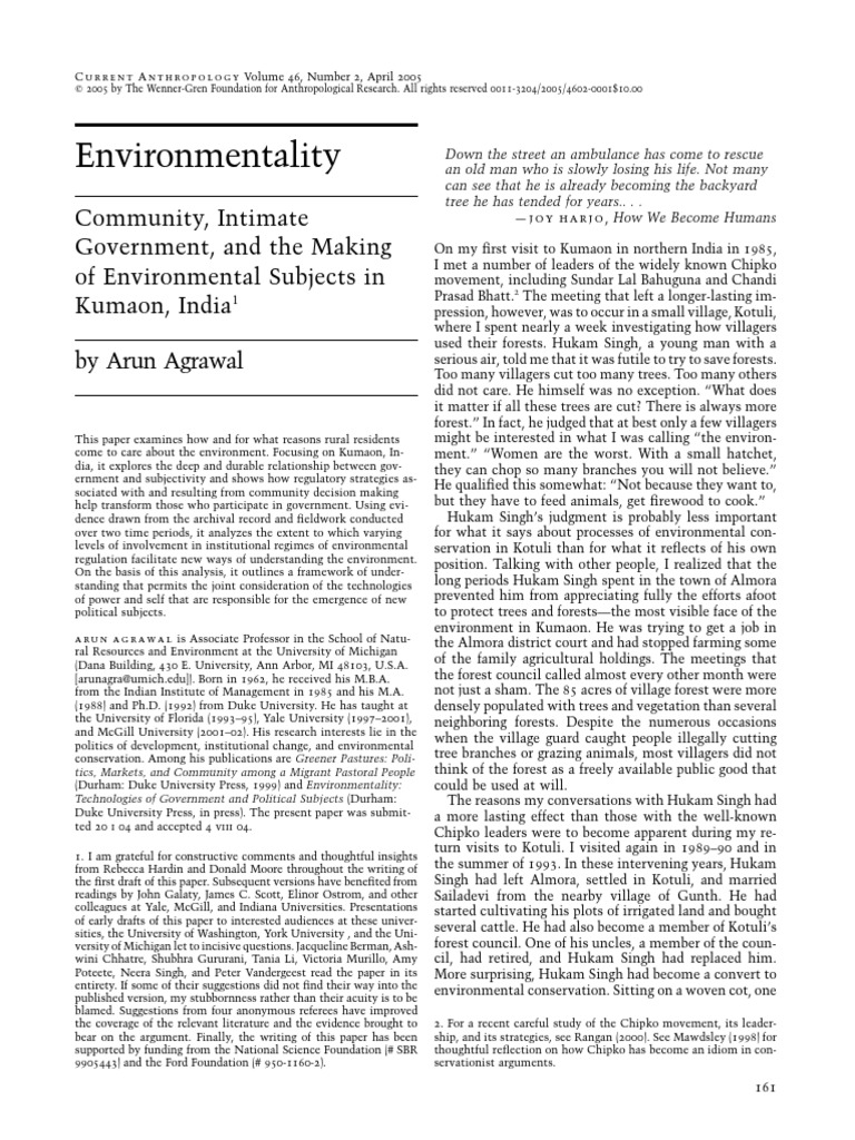 Agrawal. 2005. Environmentality. Community, Intimate Government, and ...