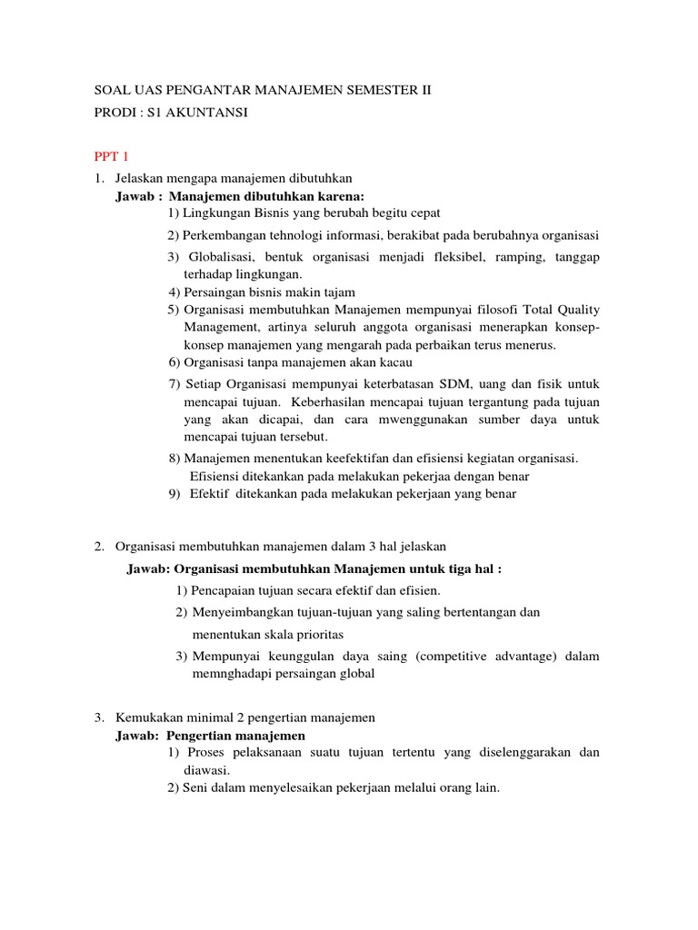 Soal Uas Pengantar Manajemen Semester II