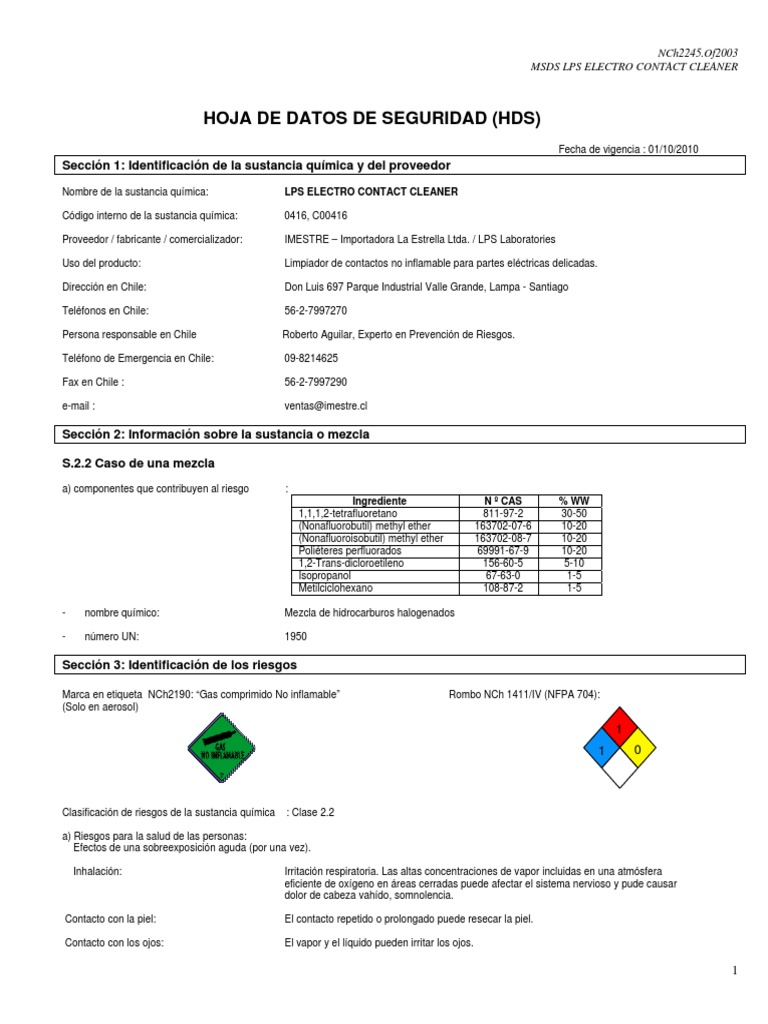 Msds Lps Electro Contact Cleaner(1) Hidrógeno Cloro