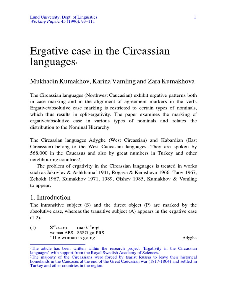 Ergative Case in Circassian Language PDF Grammatical Number