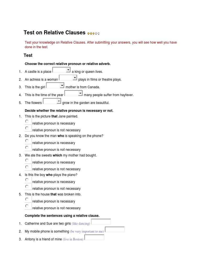 Relative Clauses Test and Exercises | PDF | Language Arts & Discipline