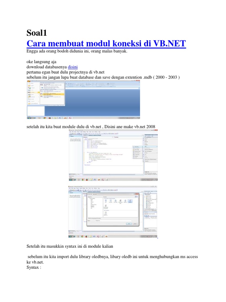 Cara Membuat Modul Koneksi Di VB - Net Dan Access | PDF