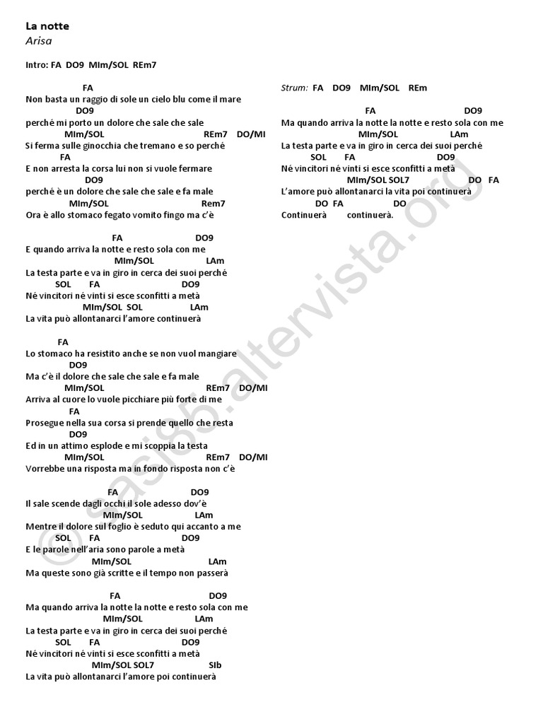 Arisa La Notte. Accordi PDF