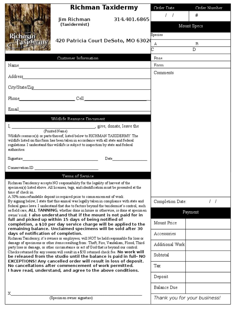 customer contract Taxidermy Animal Death