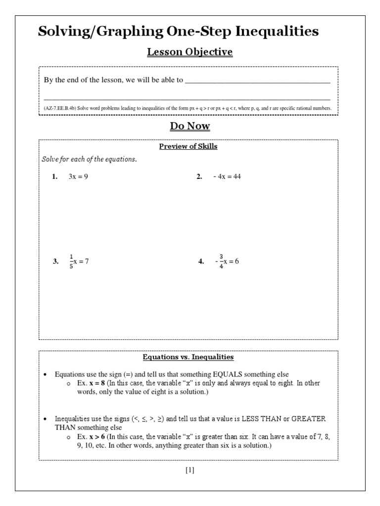 One-Step Inequalities Guide | PDF | Inequality (Mathematics) | Equations