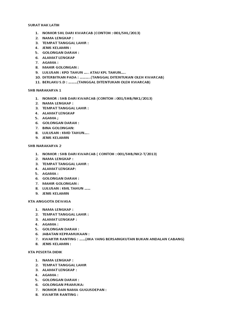 Data Kta Shb Dan Shl