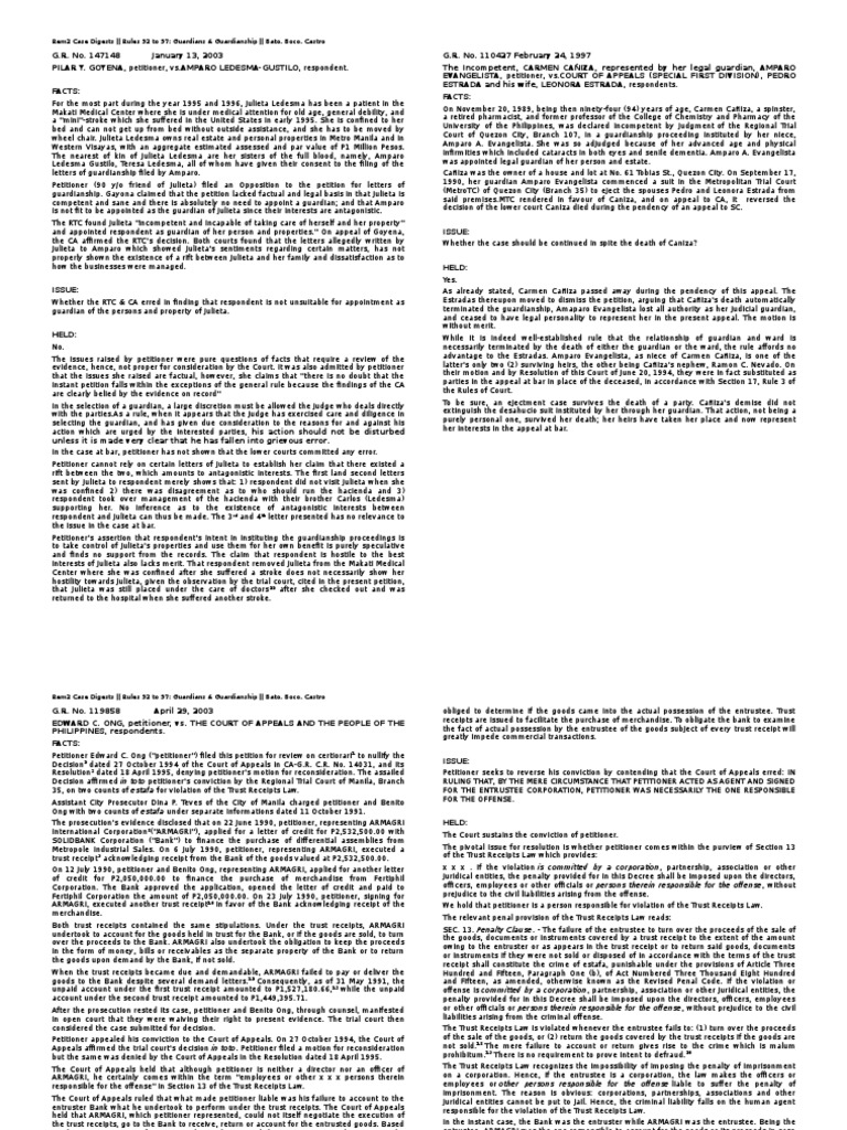 Guardianship Case Digests: G.R. Nos. 147148 & 110427 | PDF | Legal ...