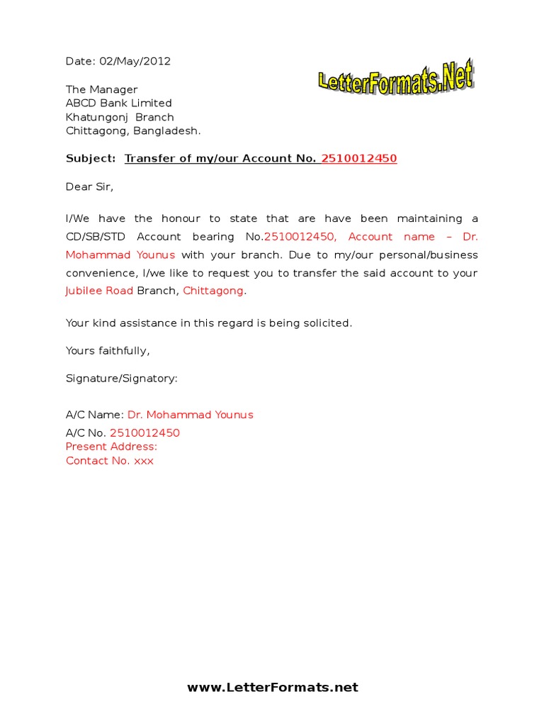 Bank Account Transfer Letter