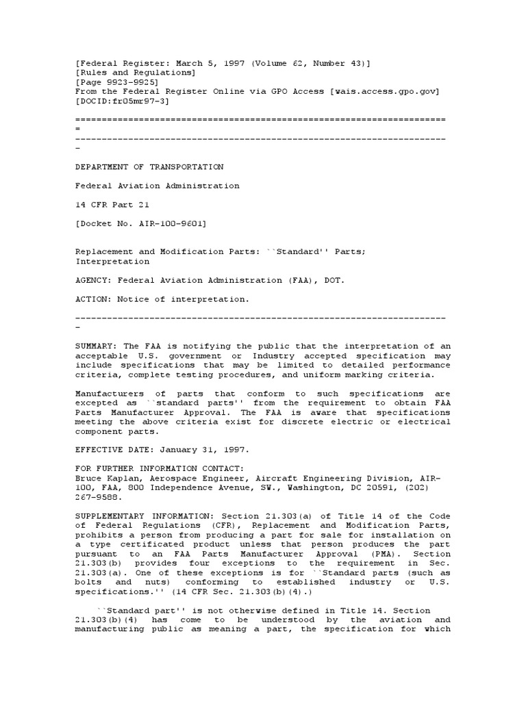 FAA Standard Part Response Federal Aviation Administration