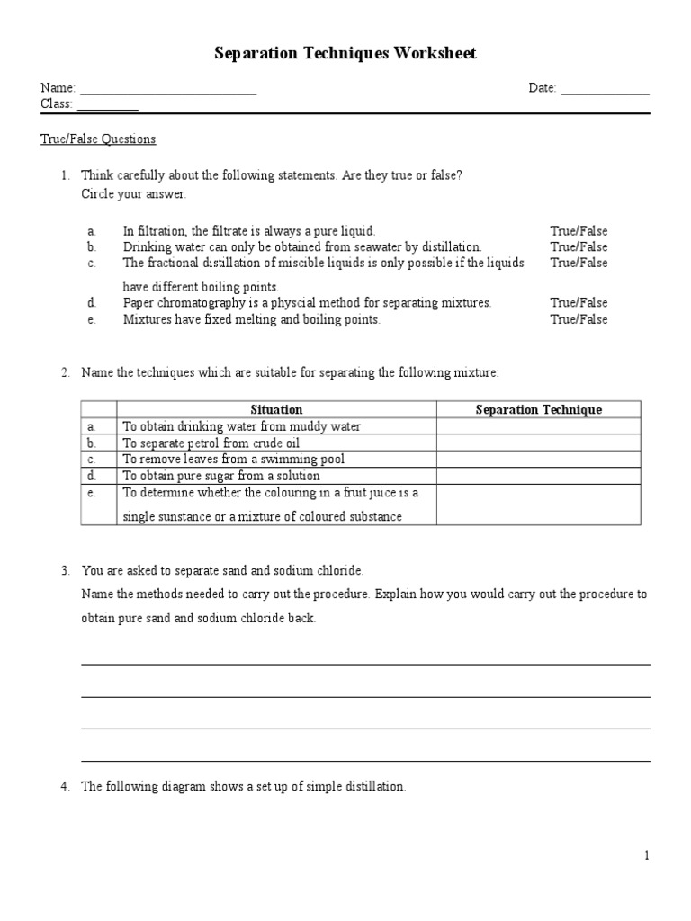 separation techniques worksheet With Regard To Separation Of Mixtures Worksheet