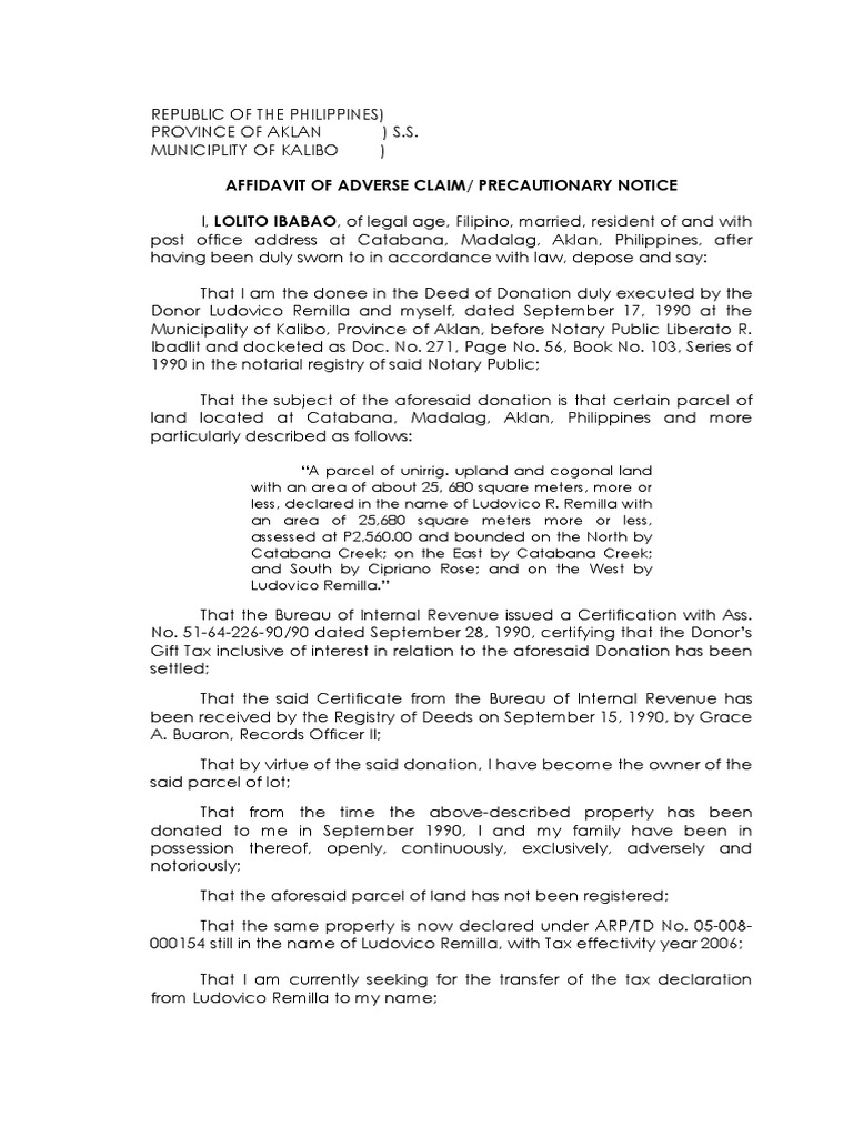 Adverse Claim Precautionary Notice Ibabao PDF Notary Public