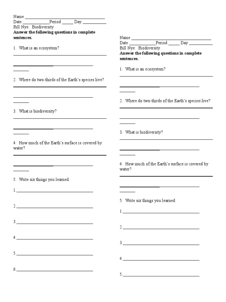 Bill Nye Biodiversity  PDF  Ecology  Environment Regarding Bill Nye Biodiversity Worksheet Answers