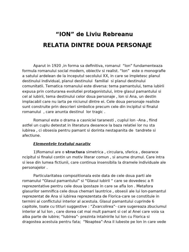 Liviu Rebreanu Ion Relatia Dintre Doua Personaje