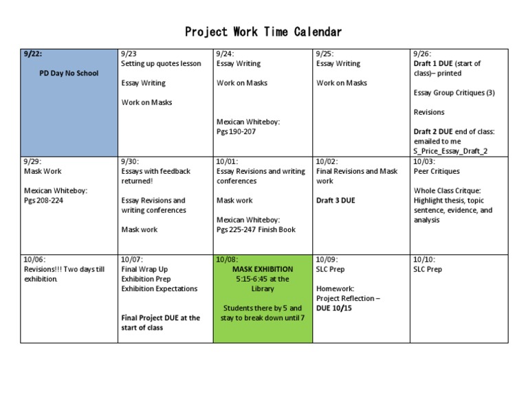 Project Work Calendar: Essay & Mask Tasks | PDF