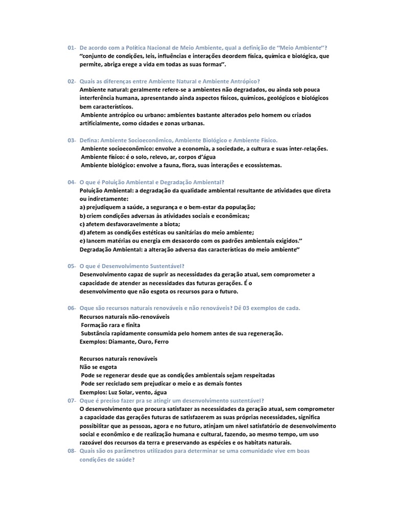 Perguntas e Respostas Meio Ambiente PDF | PDF | Ciclo da água | Água