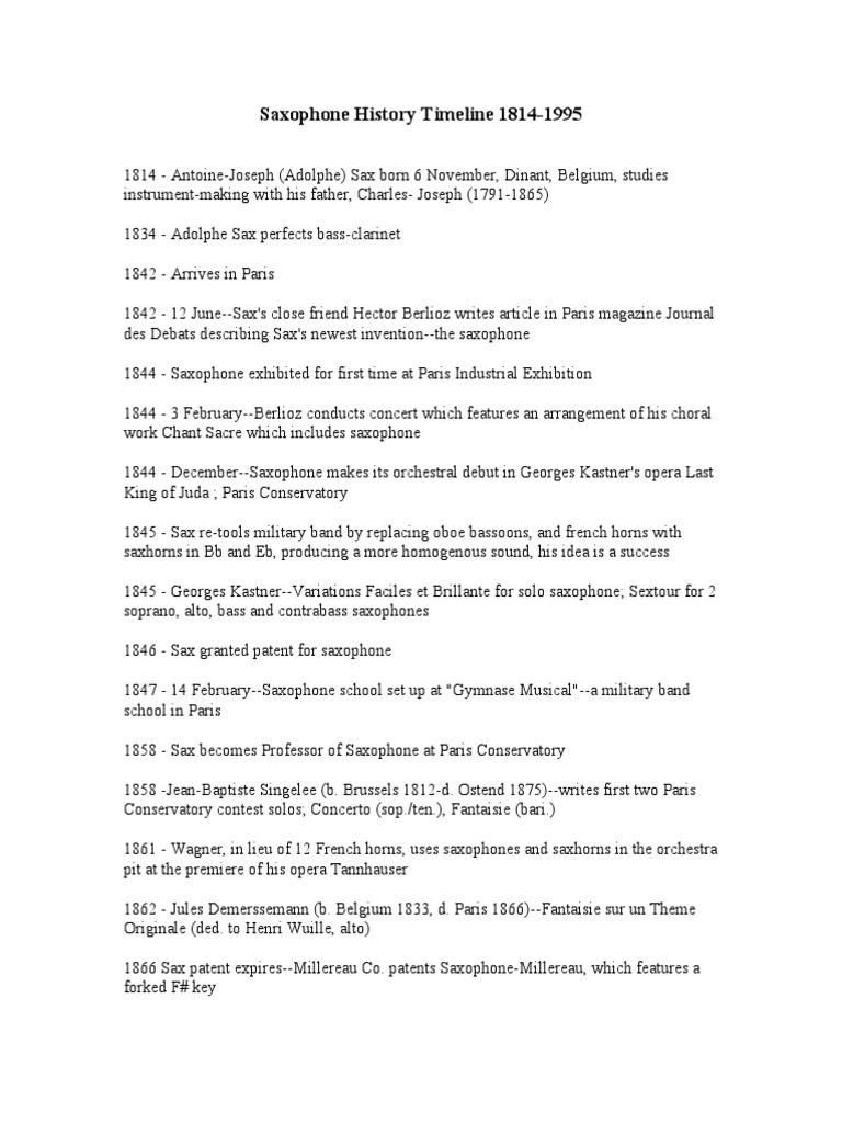 Saxophone Timeline PDF Alto Saxophone Saxophone