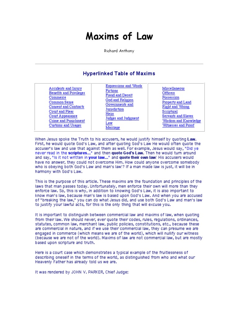 Maxims of Law Evidence (Law) Common Law