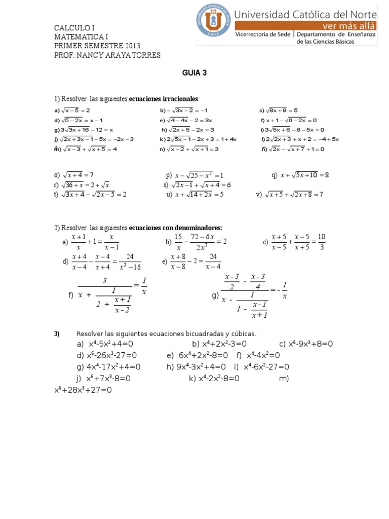 1 Resolver Las Siguientes Ecuaciones Irracionales Guia 3