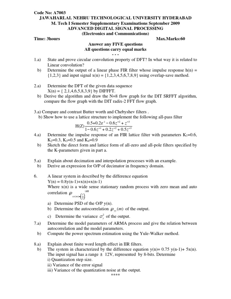M.tech Advanced Digital Signal Processing Download Free PDF Filter