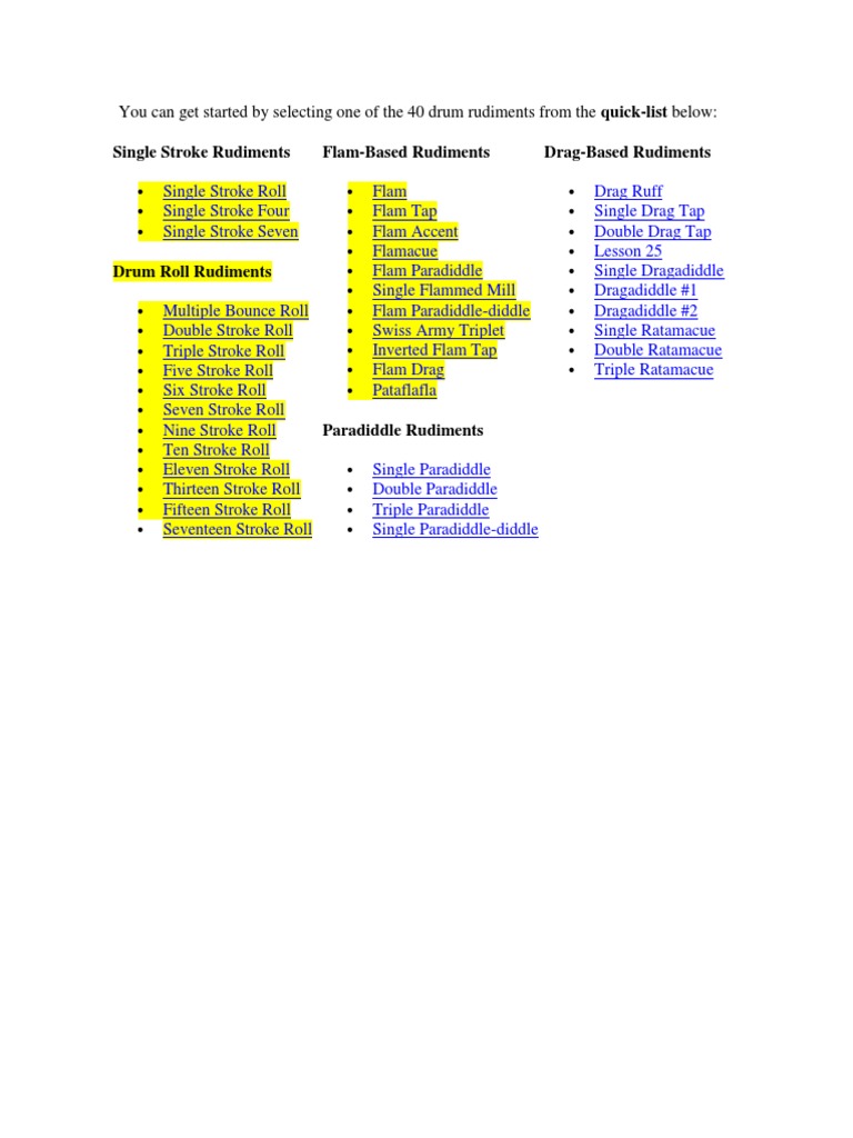 Comprehensive Drum Rudiment List | PDF