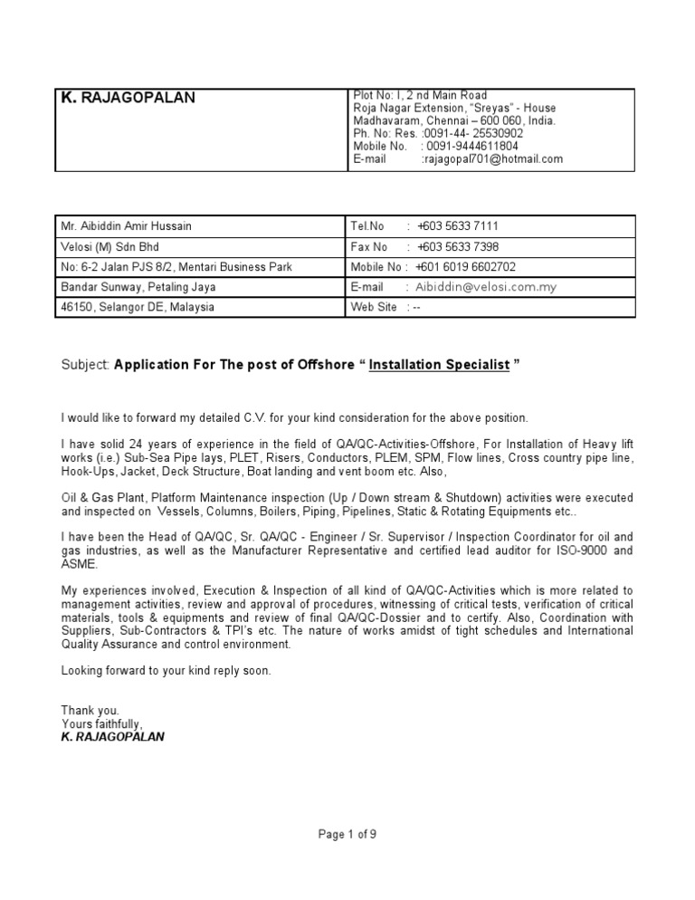 Offshore Installation Specialist Application | PDF