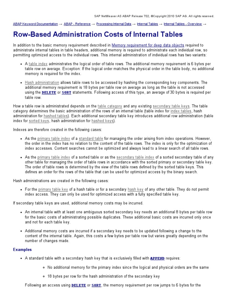 RowBased Administration Costs of Internal Tables Table Index PDF