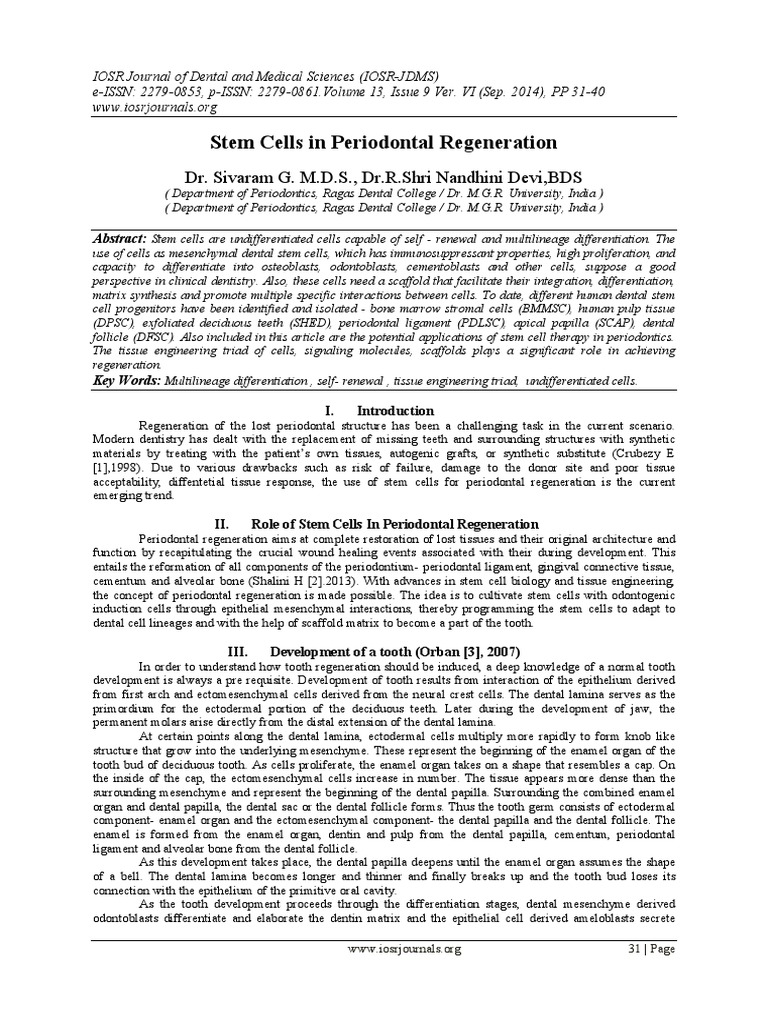 Stem Cells in Periodontal Regeneration | PDF | Cell Potency | Stem Cell