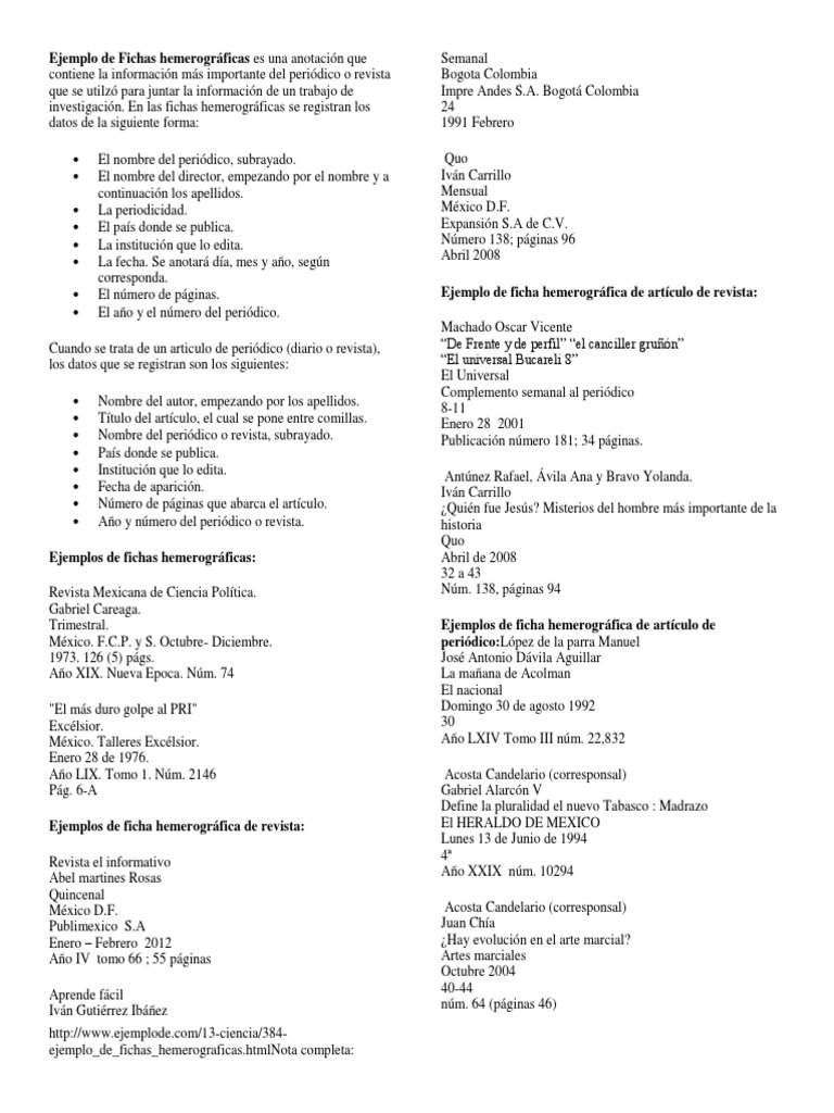 Ejemplo de Fichas Hemerográficas Es Una Anotación Que Contiene La