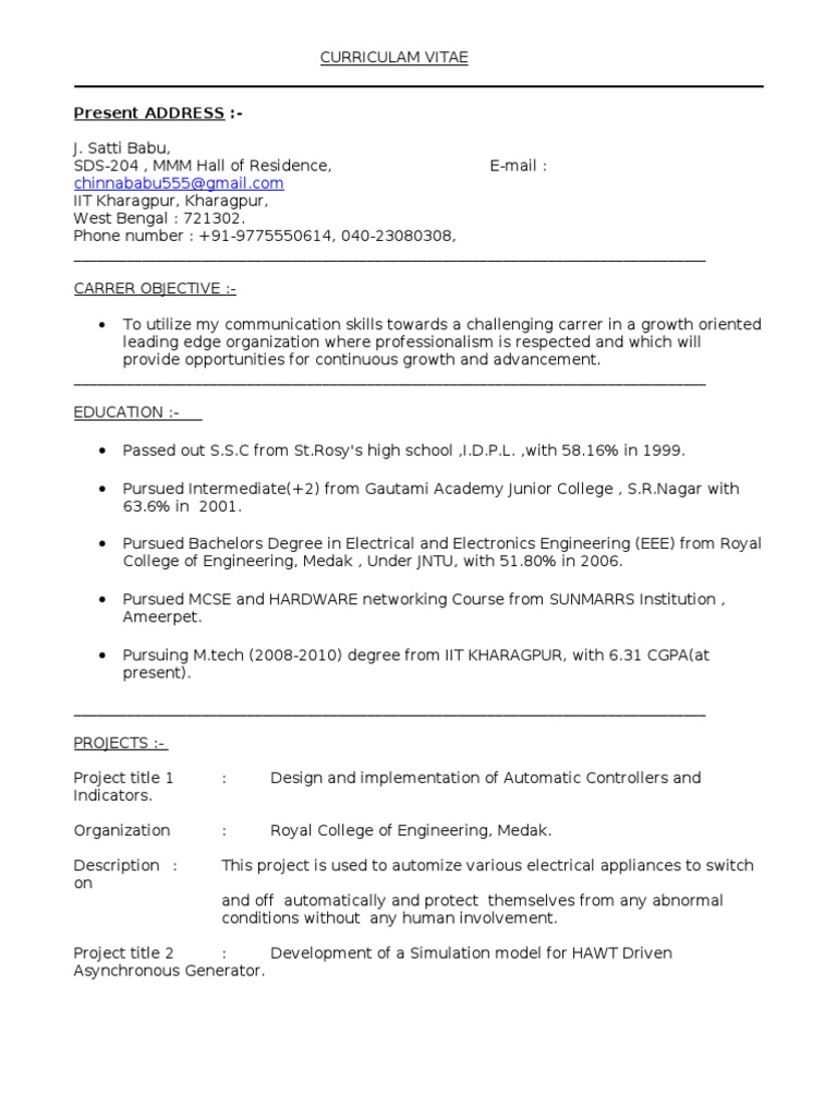 Electrical Engineer CV - J. Satti Babu | PDF | Science And Technology ...