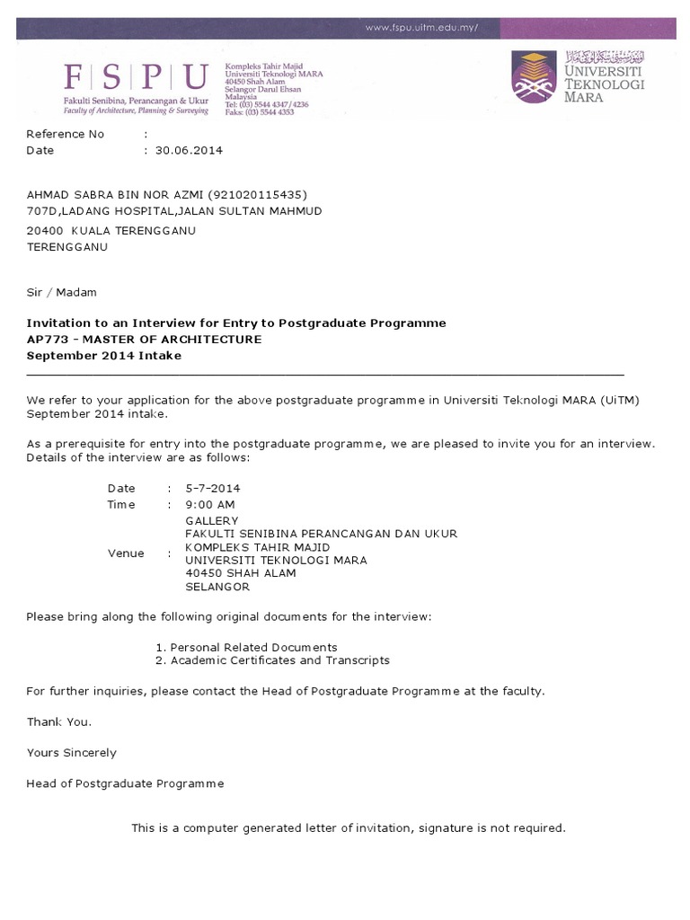 Www Online Uitm Edu My Ipsis Interview Interview Letter Pdf