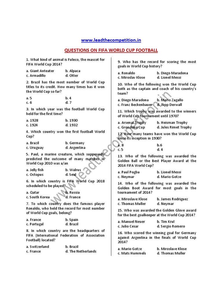 FIFA World Cup Trivia Questions | PDF | Entertainment Events ...