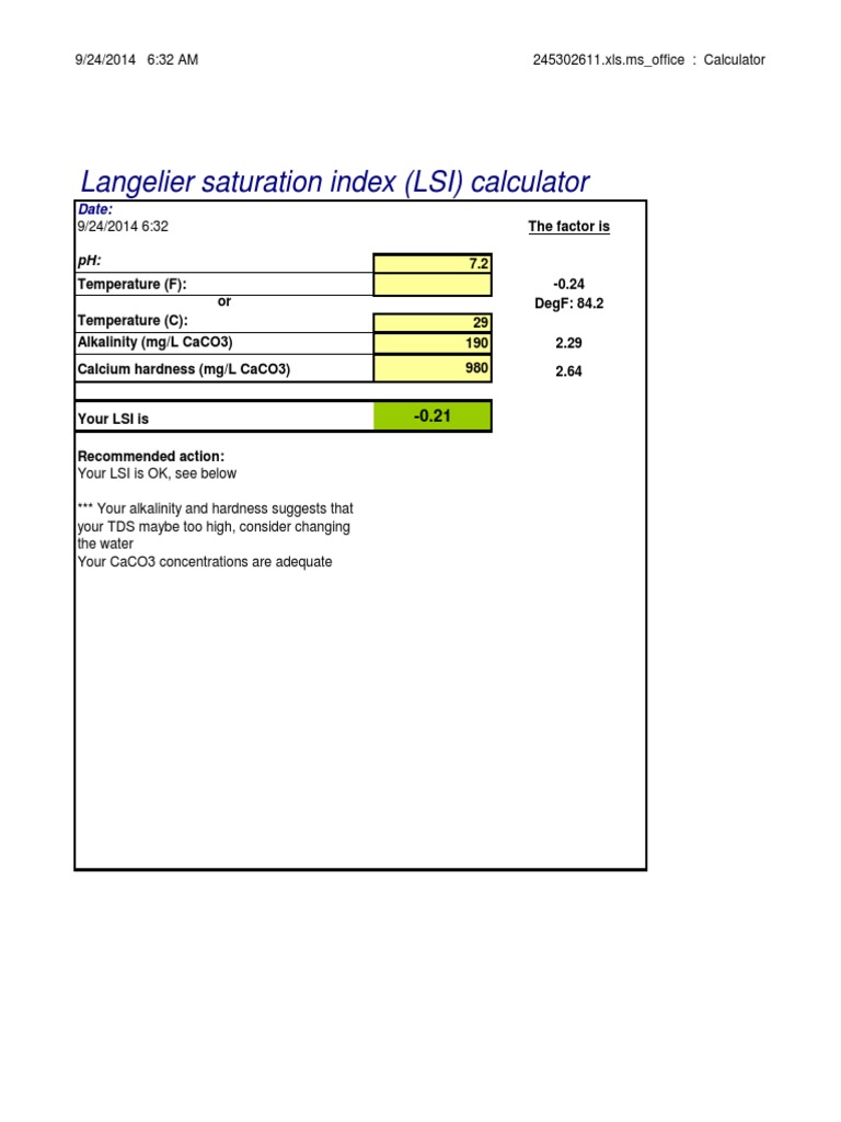 Langelier Saturation Index (LSI) Calculator Date PDF