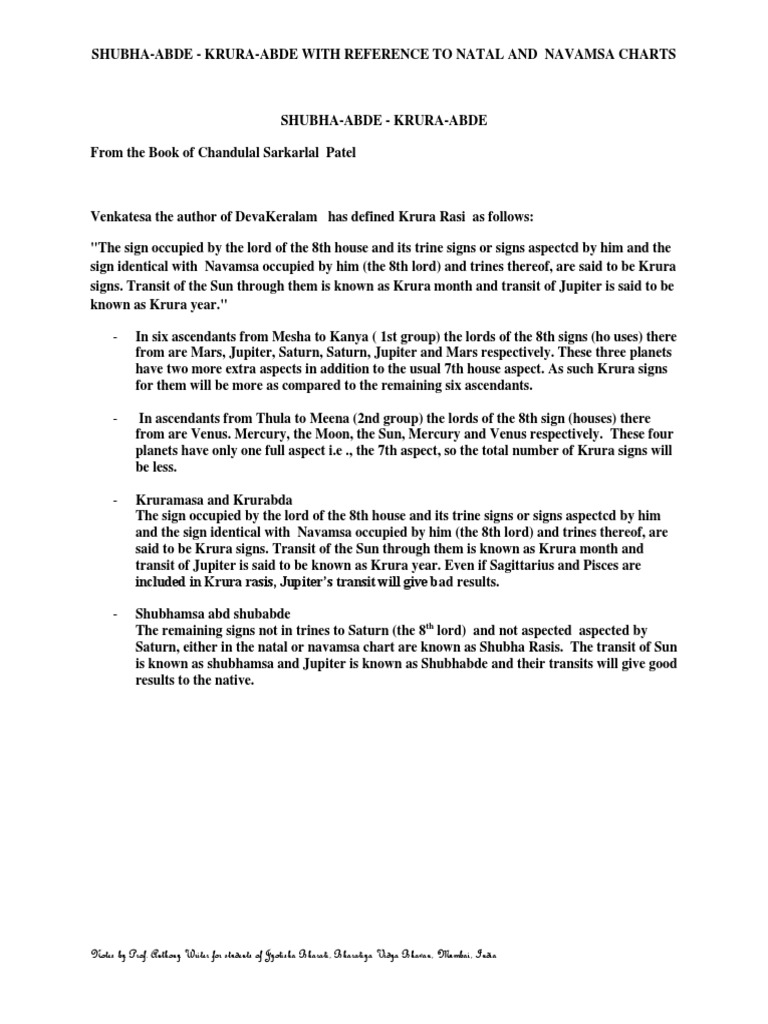 THE GOOD & BAD YEARS & MONTHS IN SIDEREAL ASTROLOGY Shubha Abde Krura Abde