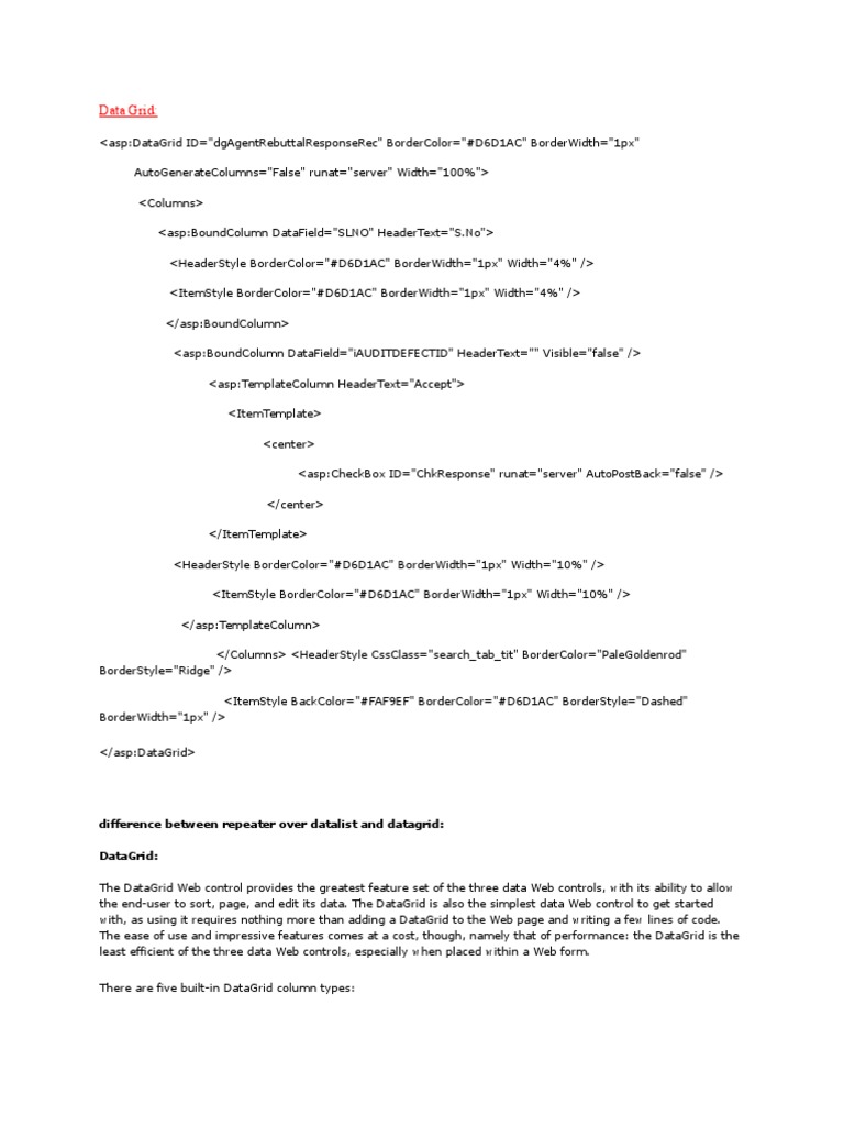 Data Grid Controls Compared Repeater vs DataList vs DataGrid PDF
