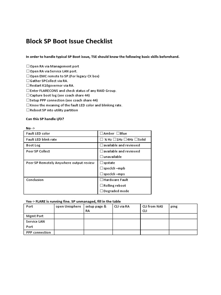 EMC Block SP Boot Issue Checklist