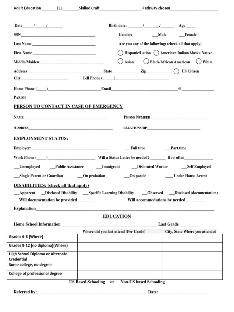Adult Education ESL Enrollment Form | PDF