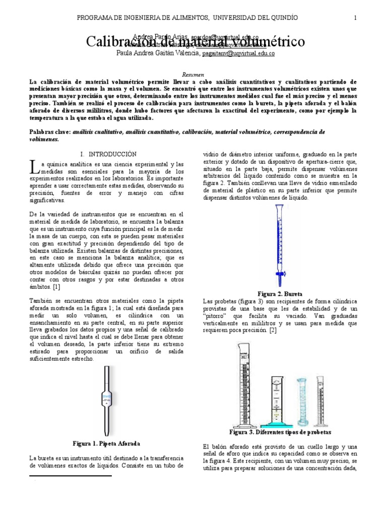 Informe 1. Calibración de Material Volumétrico PDF Valoración Química