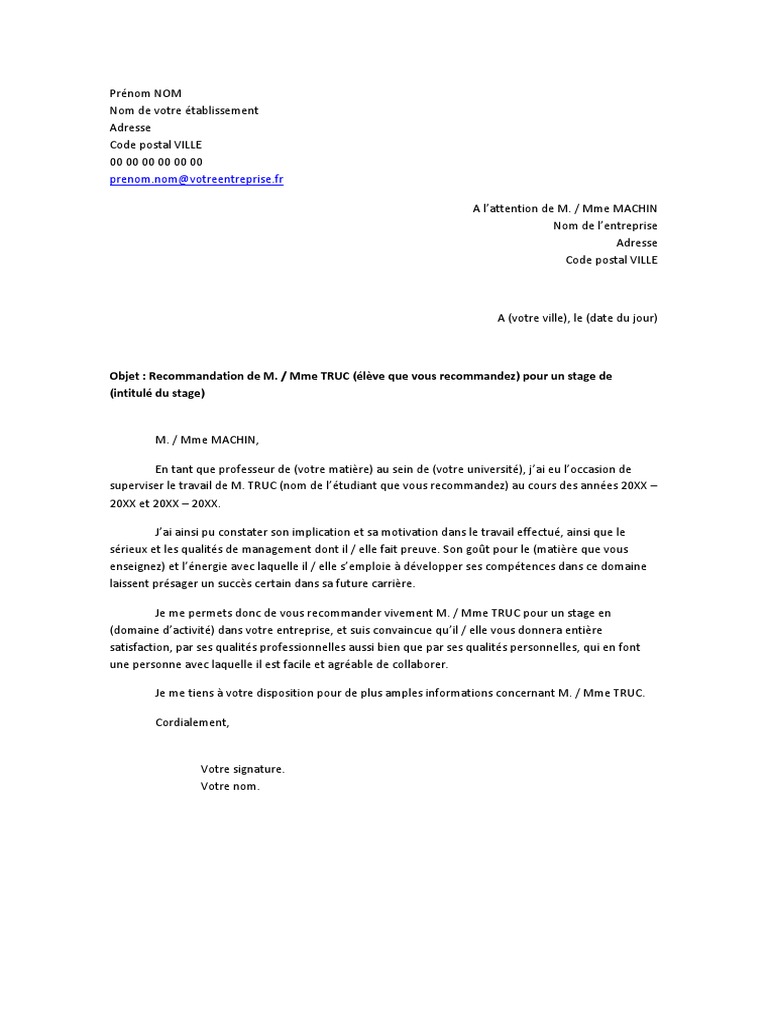 Lettre De Recommandation D un Prof Pour Un étudiant Pdf Lettre Recommandation Etudiant | PDF